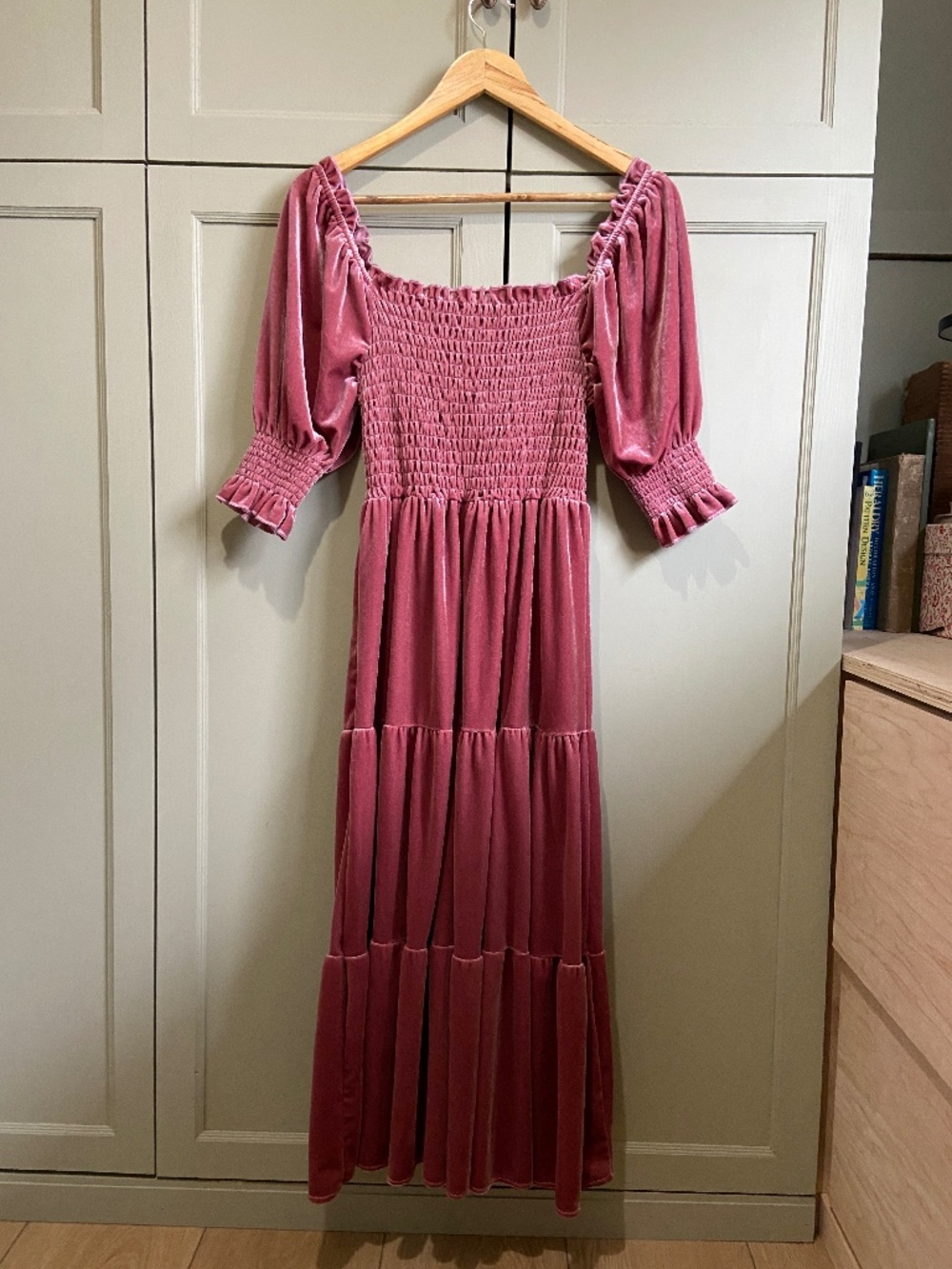 Velvet smocked midi dress, Pink dress with sleeves